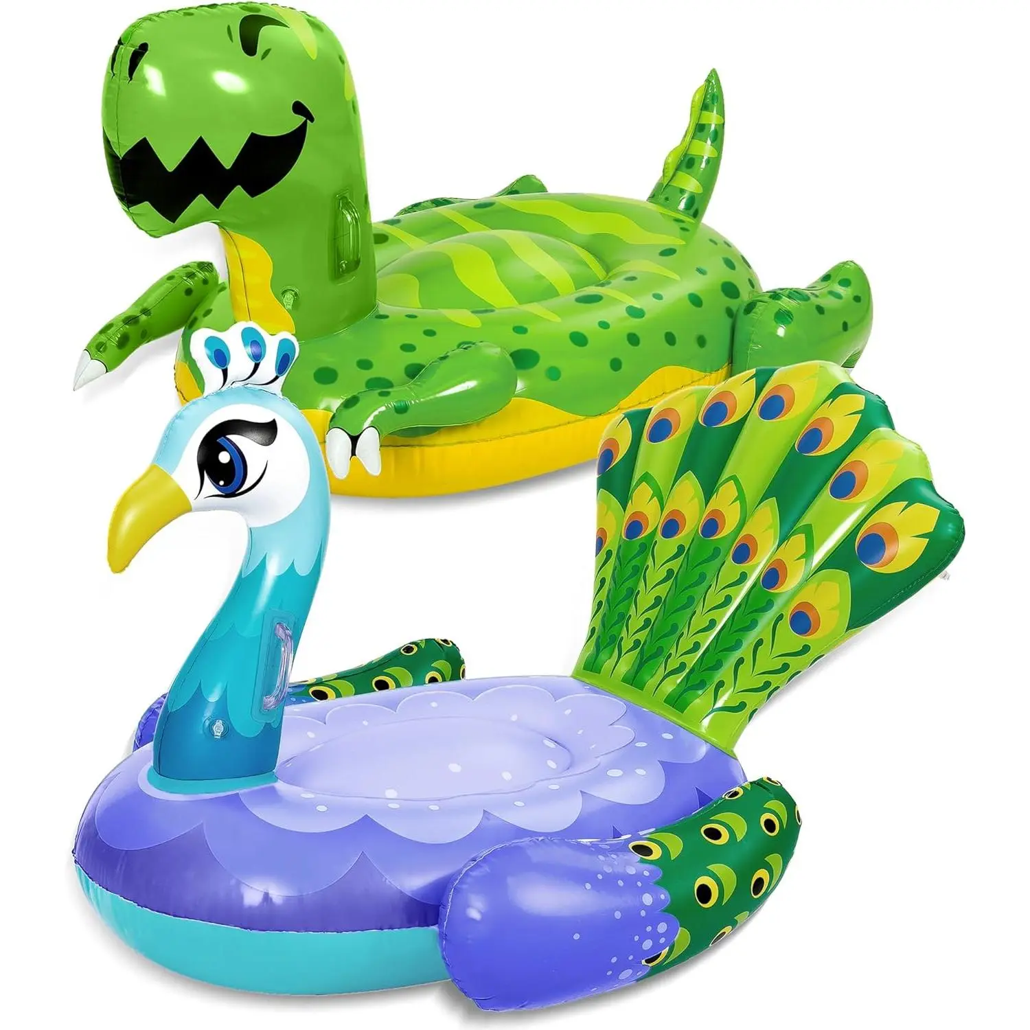 2-Pack Inflatable Dinosaur & Peacock Pool Floats Set - Fun Beach Floaties for Swim Party Decorations Toys, Inflatable Island Summer Pool Raft Lounge Ride On for Adults Kids