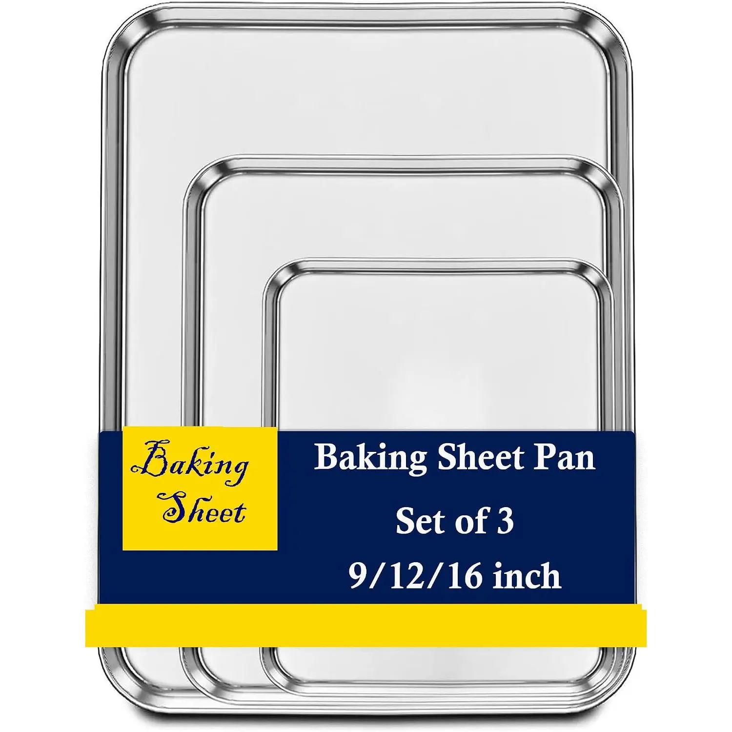 Set of 3 Baking Sheet, Stainless Steel Cookie Sheet Baking Sheet Pan, 9/12/16 Inch Cookie Tray Pans for Baking, Non  & Easy Clean