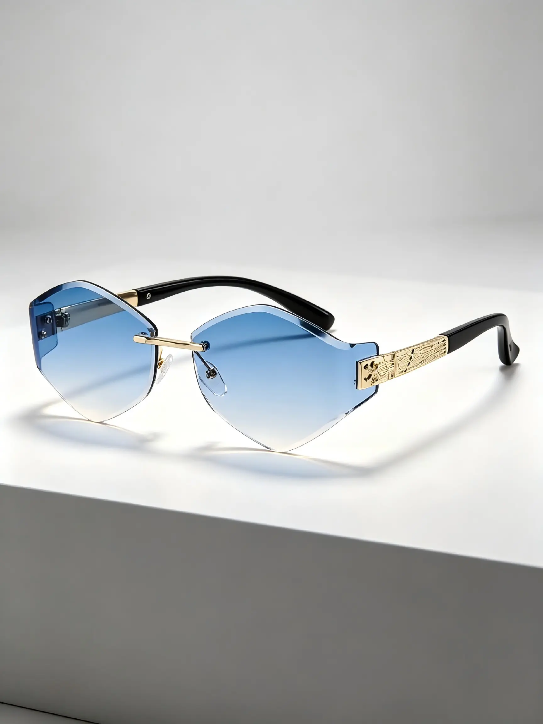 New Frameless Trimming Sunglasses, Fashion Classic Gradient Glasses, Polygonal Frameless Metal Bridge Decorative Eyewear