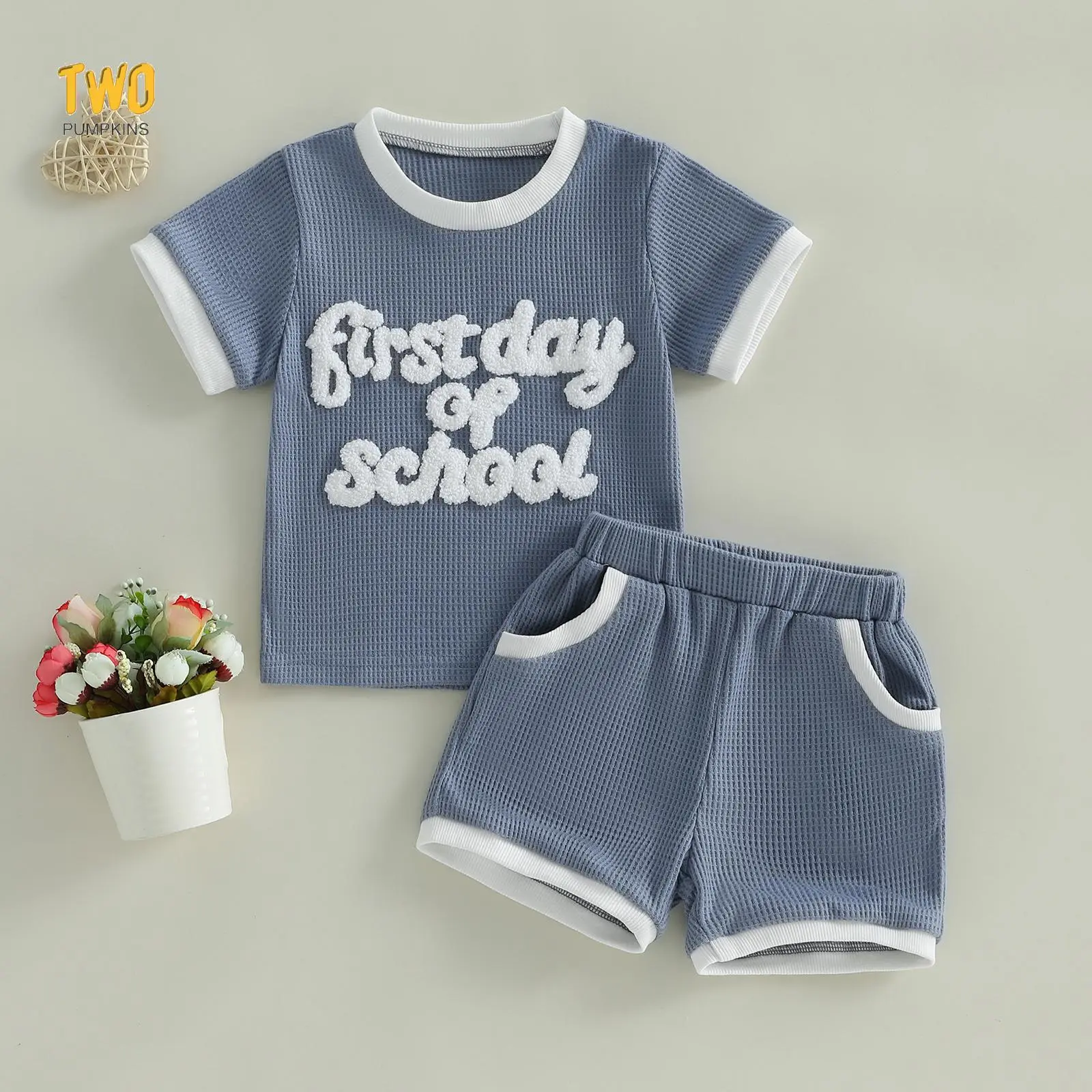 Toddler Kids Boy Summer Outfit First Day of School Waffle Knit T-Shirt + Shorts Set Back to School Pre-K Clothes