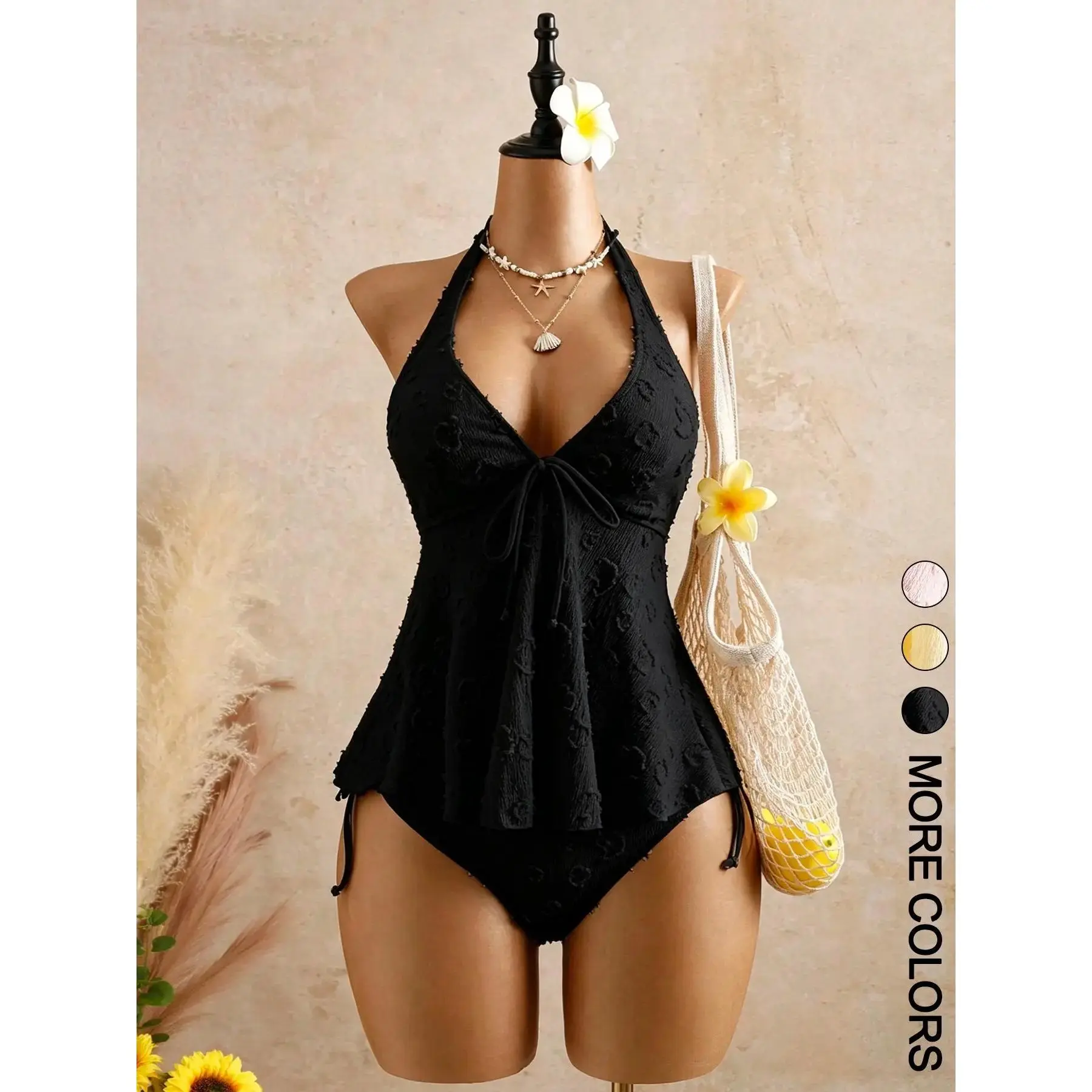 2-Piece Spring/Summer Women's Halter Bowknot Tankini Set, Textured Floral Tie-Front Flowy Swimsuit, Boho Coquette Style Swimwear for Beach Vacations and Pool Wear, coordinated look, matching ensemble, effortless pairing
