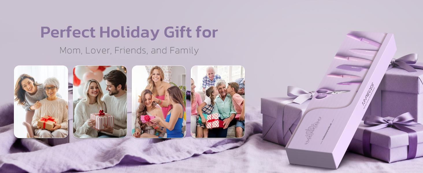 Knife Set, 13 Pieces Kitchen Knives Set with Healthy Anti-Rust Coating, Dishwasher Safe, Stainless Steel Chef Knife Sets with 6 Blade Guards, Perfect Holiday Gifts for Kitchen Purple