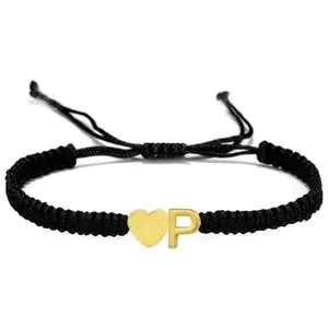 Initial Heart Bracelet, 18K Gold Plated Stainless Steel Tiny Heart Letter Black String Name Bracelets  Women Men Handmade Minimalist Jewelry Matching Couple Bracelets
