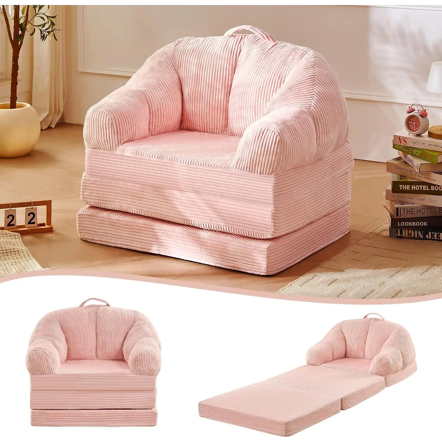 wanan Folding Sofa Bed, 3-in-1 Convertible Boneless Couch with Handle, Floor Lounger & Sleeper Chair for Adults, Comfy Folding Couch Single Sofa for Living Room Bedroom, Pink