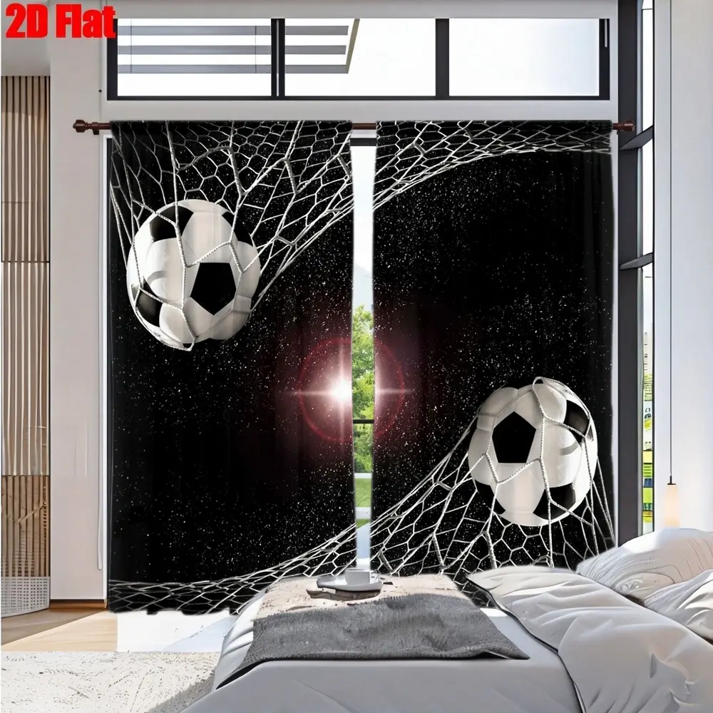 2D Flat 2Pcs Soccer Goal Net Ball 2D Printed Curtains, Dynamic Sport Theme, High Definition Print, Dramatic Black Background with Starry Effect, Light Blocking Drapes for Home Living Room Bedroom Study Decoration