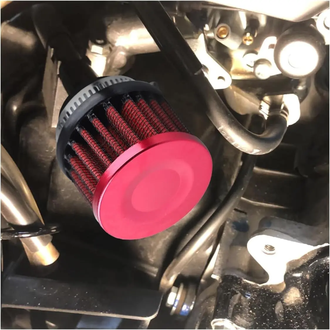 1" Car Air Intake Filter 25mm Auto Crankcase Cold Air Filter Cleaner with Adjustable Clamp Universal Vent Valve Cover Breather for Car Motorcycle (Red), Cars Accessories, Car Parts 2