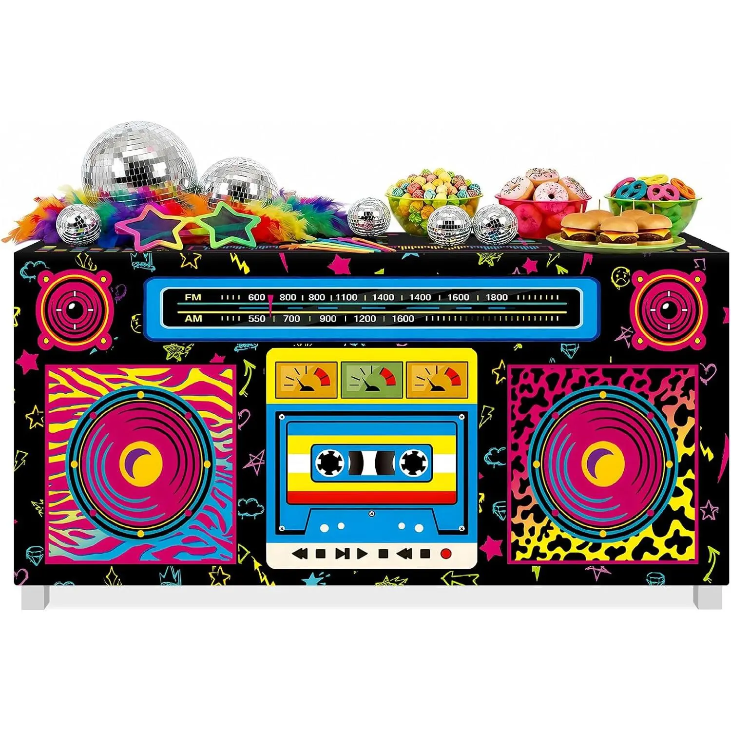 6 FT 80s 90s Disco Radio Party Tablecloth – Reusable Boombox Cassette Music Table Cover for Retro Hip Hop Birthday, Throwback Theme Party, Neon Glow Party and Music Party Decorations