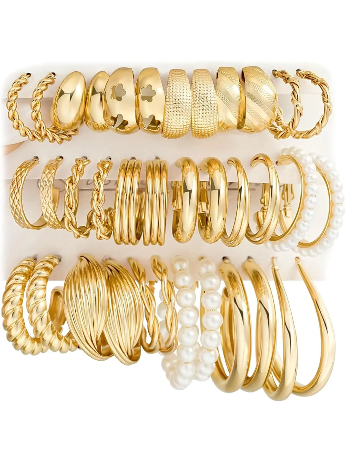 Gold Hoop Earrings Set for Women, 18 Pairs Hypoallergenic Statement Open Pearl Hoops Earring for Multipack, Gold Chunky Hoop Earrings for Women Trendy Jewelry