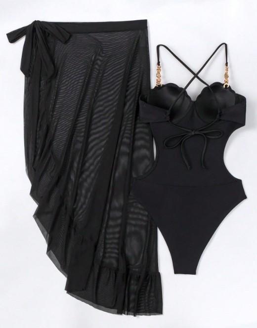 New casual tight-fitting one-piece swimsuit for women, sexy European and American bikini swimwear with skirt for beach vacations, foreign trade