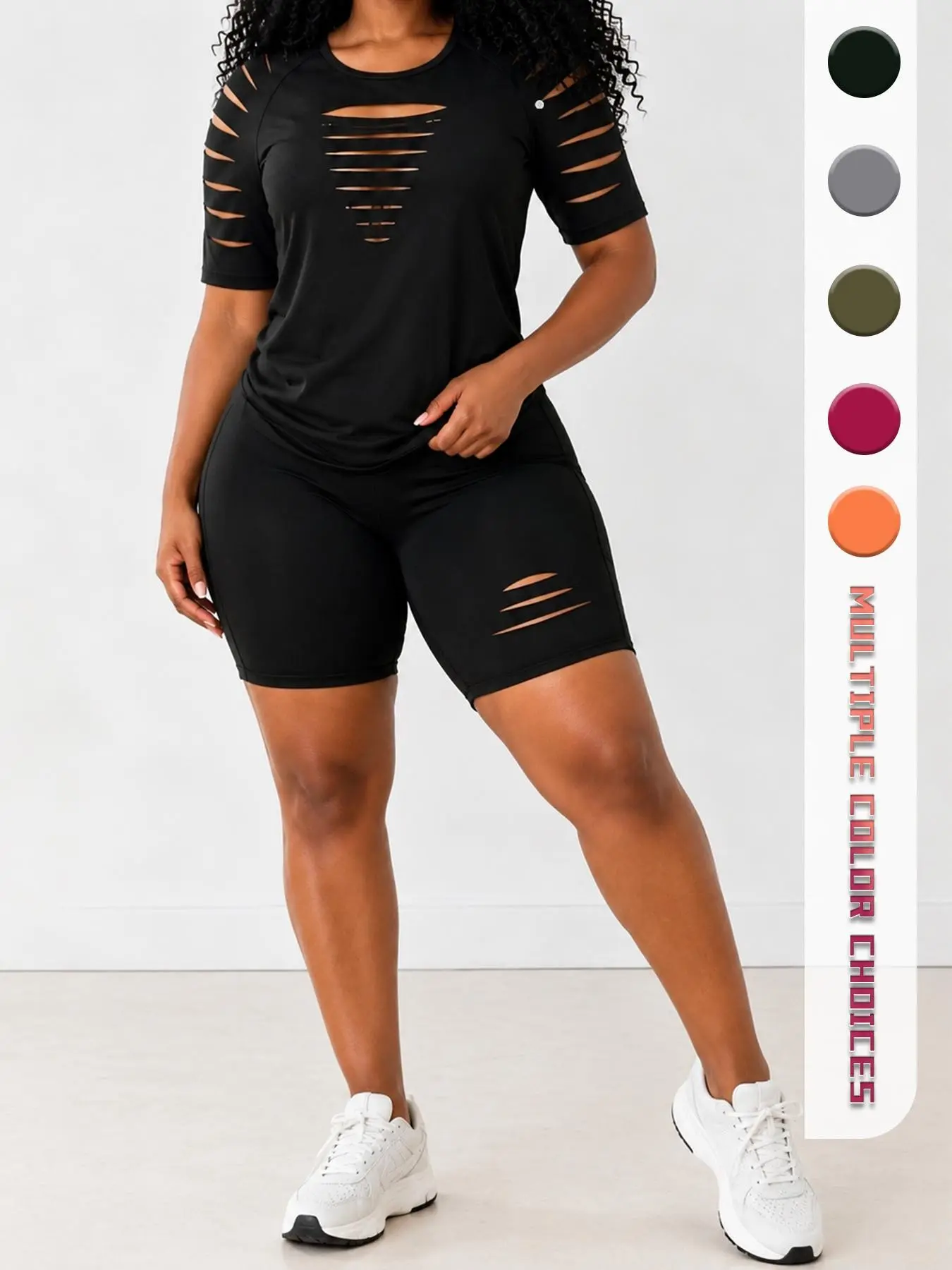 Plus Size Women's Two-Piece Set, Hollow Out Short Sleeve Top + Cycling Shorts, Soft High Stretch, Sporty & Fashionable, Casual Home//sport Wear