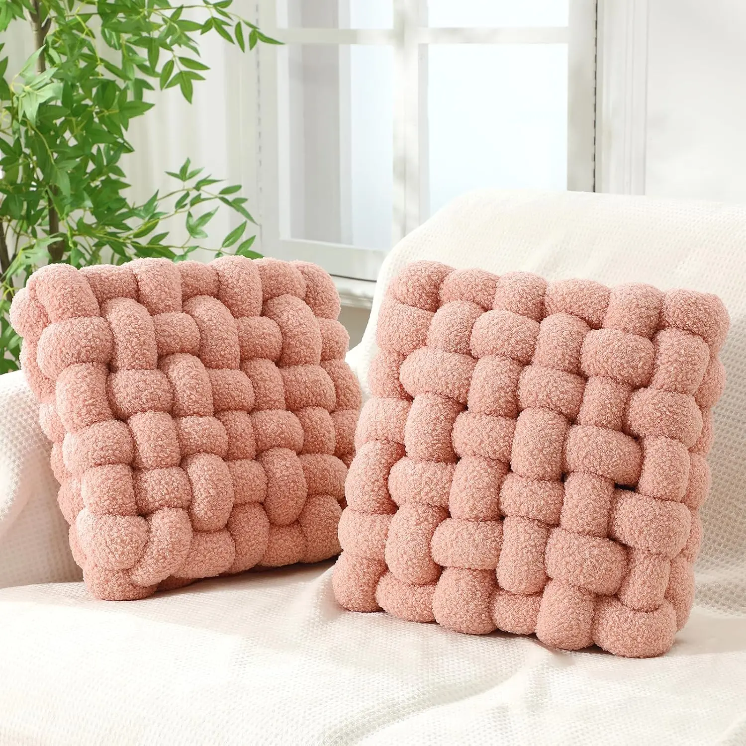 2 count Knot Pillows Square Knotted Plush Throws Soft Accent Pillows Decoration Cushion for Couch  Office Living Room Bedroom Bed Sofa Decor, 12'' x 13''(,Lambswool)