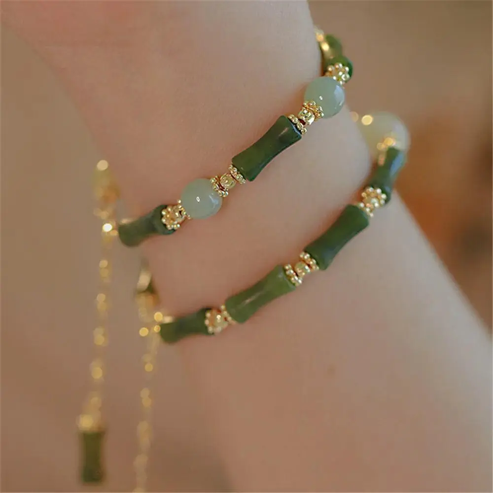 Natural Olive Jade Bamboo Shapded Beads Adjustable Bracelet Trendy Exquisite Fine Hetian Jade Jewelry Versatile Girly Gift