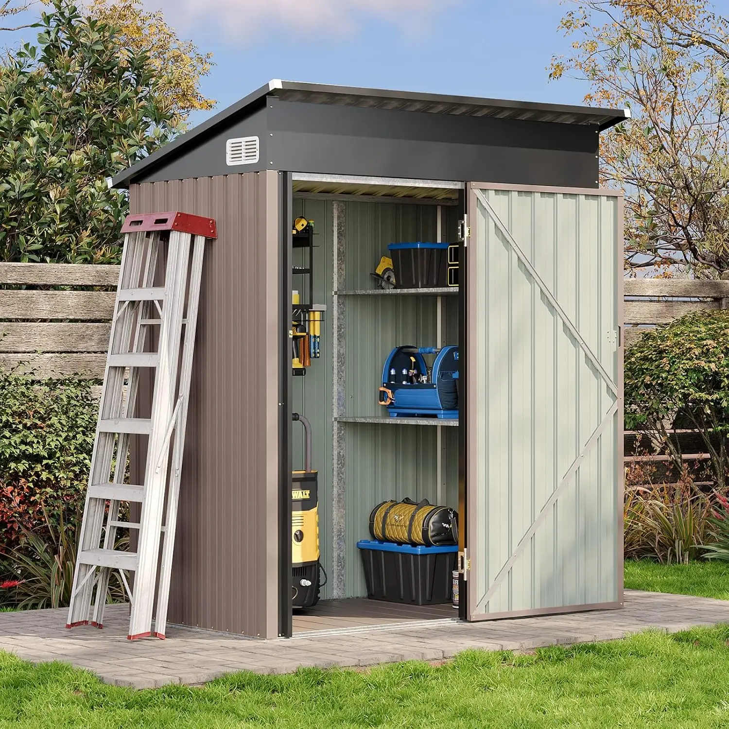 Aoxun 5x3 Ft Outdoor Storage Cabinet - Waterproof Storage Shed with Floor, Small Metal Garden Shed with Lockable Doors & Slooping Roof for Backyard, Patio, Poolside, Brown