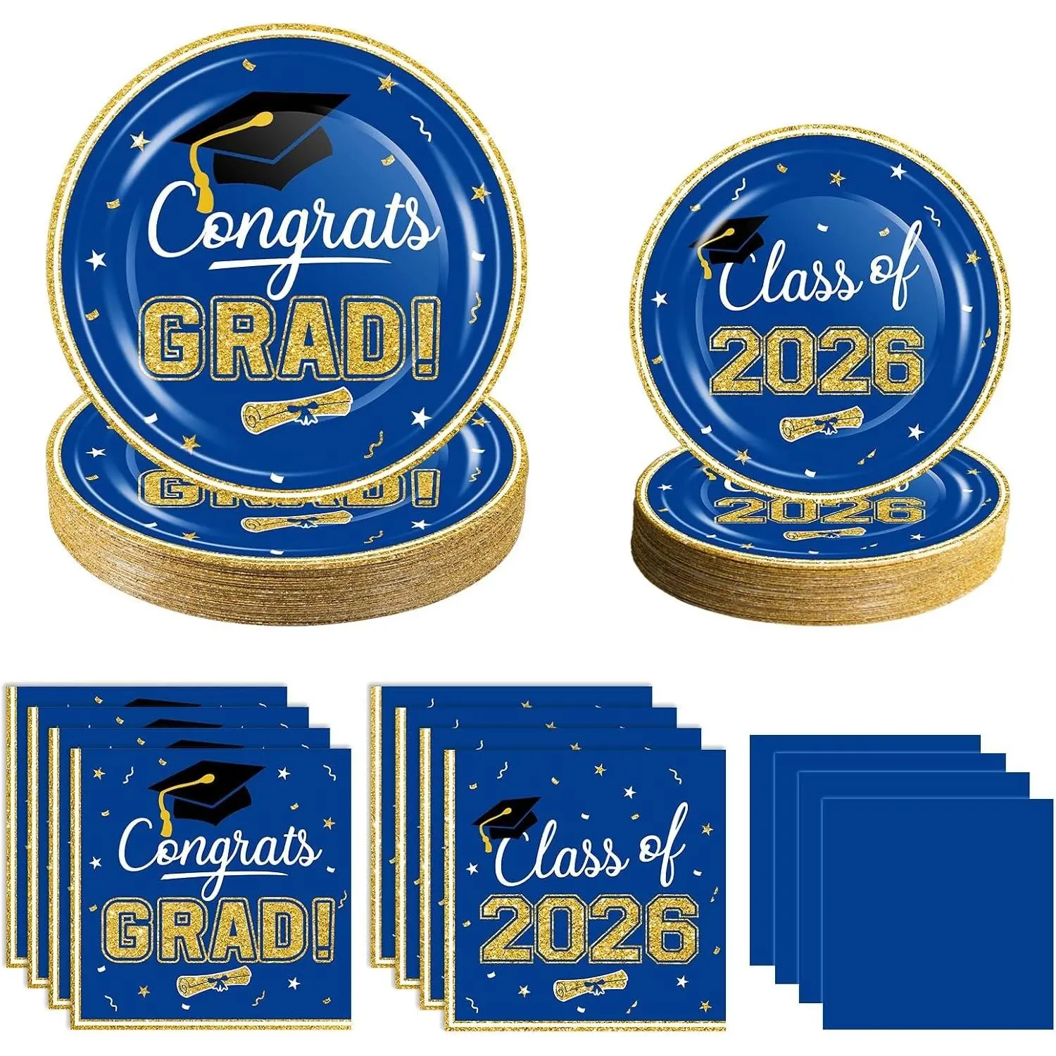 2026 Graduation Party Supplies Tableware Set - 200 Pcs Blue Gold Graduation Plates and Napkins Class of 2026 Disposable Dinnerware for College High School Congrats Grad Party Favors, Serve 50