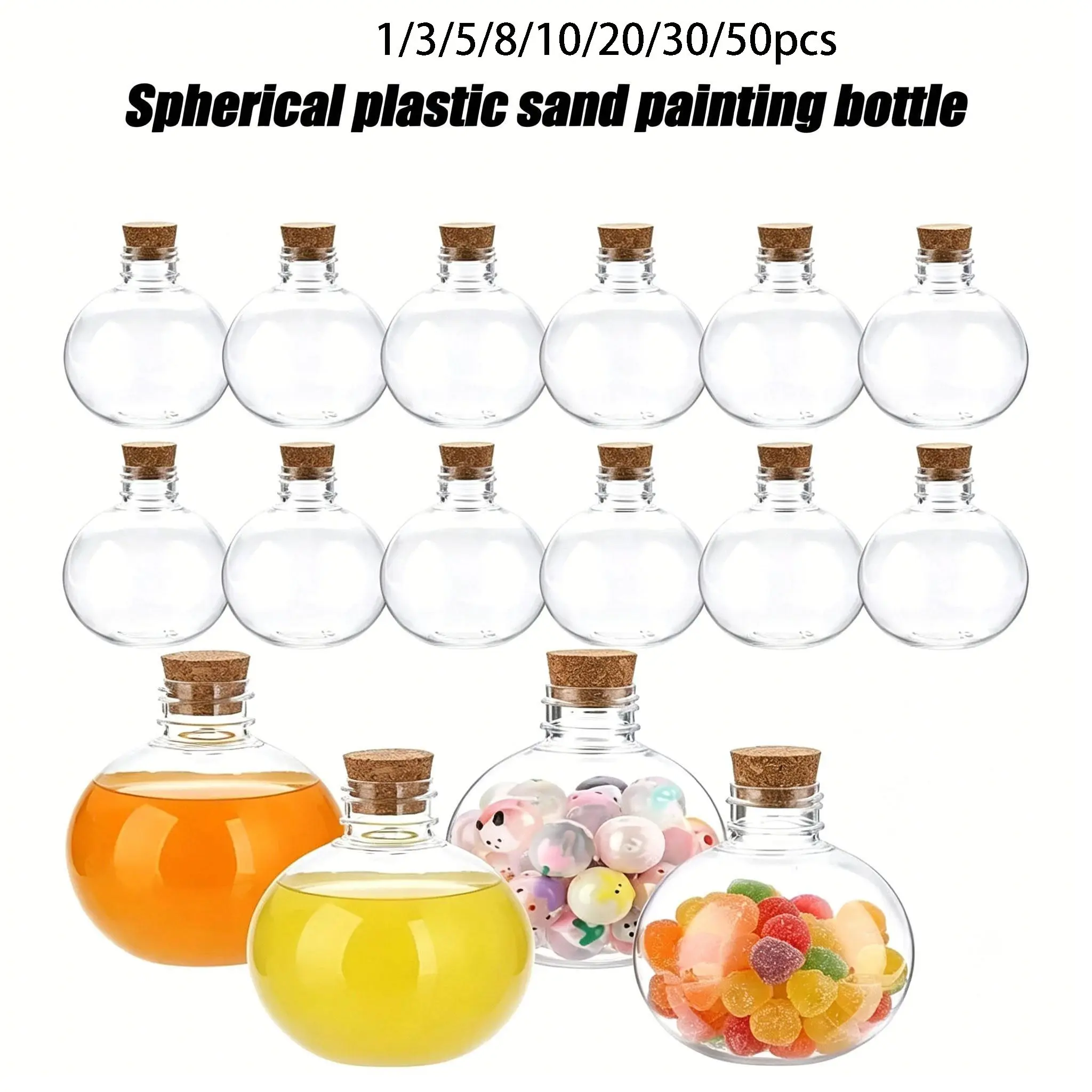 Spherical Plastic Sand Painting Bottles, Transparent Potion Bottles with Cork, Christmas Cocktail Decor, 5 Mini Funnels Included, Storage Bottles