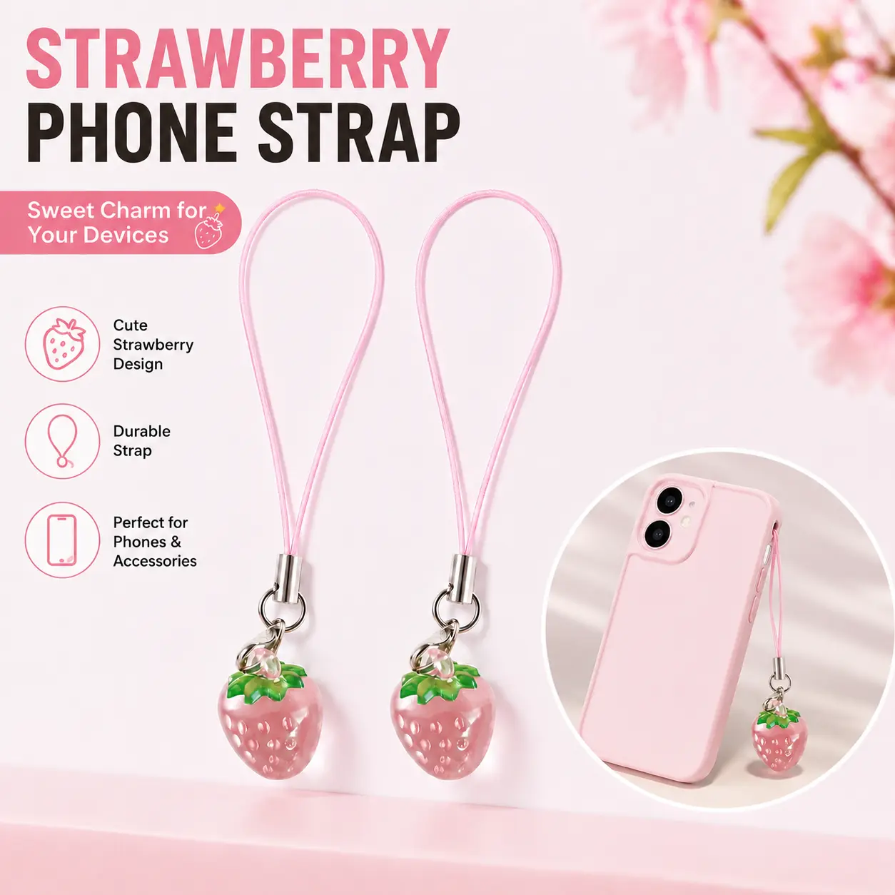 Cute Strawberry Design Phone Lanyard, Anti-lost, Phone Hanging Rope, Fashion Phone Accessories for Women & Girls, Charms, Cell Phone Charm, Phone Strap-YY0