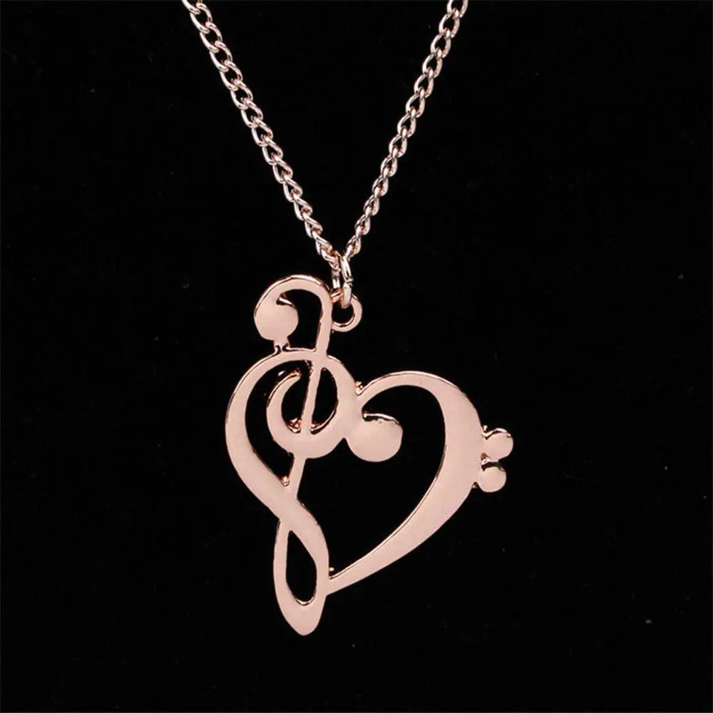 Women's Music Note Heart Necklace - 50cm Stainless Steel Pendant with Treble & Bass Clef, Crystal Accent, Unisex Wear Infinity Love Charm, Treble Clef Accessories, Elegant Daily Gift, Infinity Necklaces, Gold-Tone Heart Pendant Necklaces