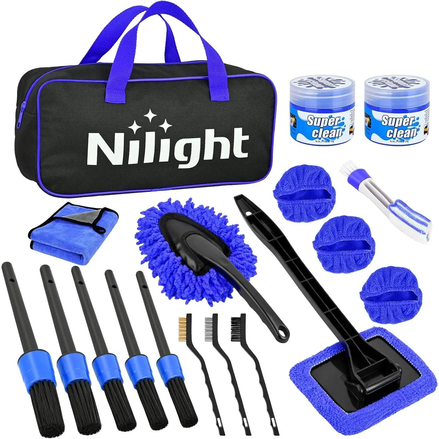 Nilight 15PCS Beginner-Friendly Car Detailing Kit with Storage Bag - Cars Accessories Auto Cleaning Tools Set for Interior & Exterior Care (Windshield, Dashboard, Wheels, Tires), Blue