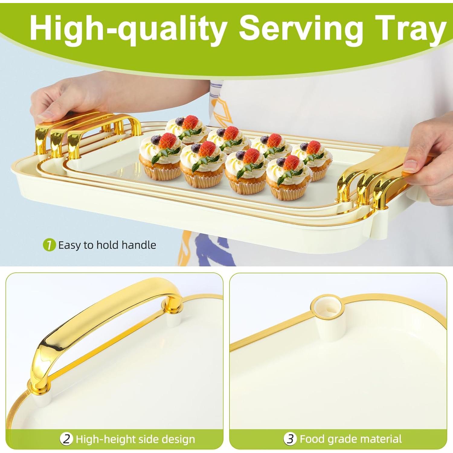 3 Pack Serving Tray with Handles, Stackable  Trays for Serving , Plastic Serving Platters for Party, Charcuterie, Fruit, Appetizer, Cream