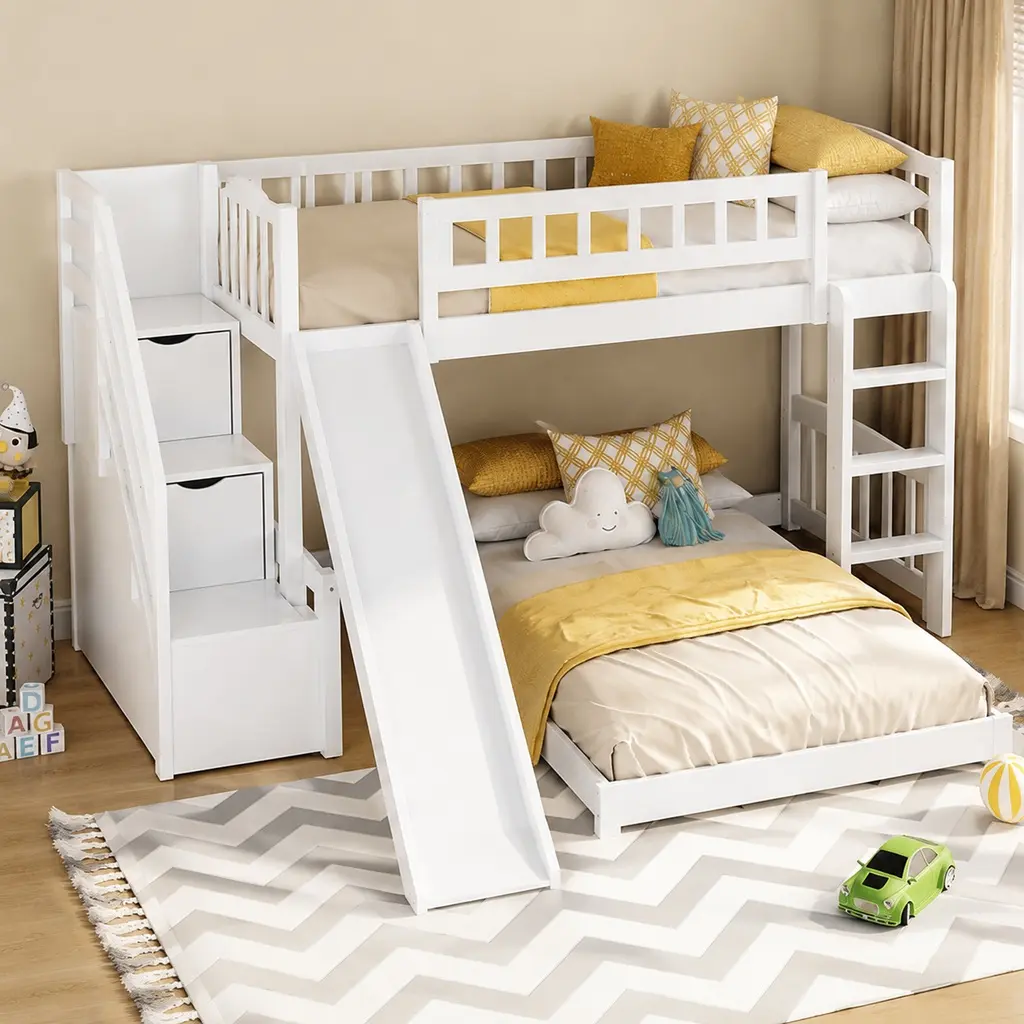 Twin-over-Twin Solid Wood Bunk Bed with Staircase Drawers, Convertible Ladder & Slide, Safety Guardrails, Space-Saving Storage, White/Gray Options, No Box Spring Needed, Assembly Required