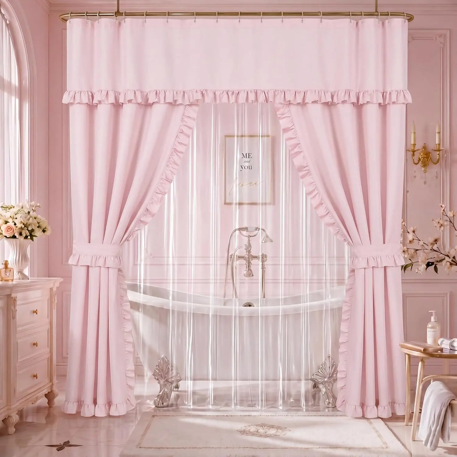 Redbaker 2 Pcs 70 x 72 Inch Double Swag Ruffled Shower Curtains Set with Waterproof Liner Peva Shower Curtain Boho Farmhouse Ruffled Swag Curtain with Rings Valance for Bathroom Home Decor(Pink)