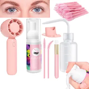 60ML Lash Cleaning Kit, Professional Eyelash Extension Lash Shampoo Set, Gentle Makeup Cleansing Foam with Rechargeable Handheld Fan Dryer, Mascara Brush and Rinse Bottle for Daily Lash Deep Cleaning and Care