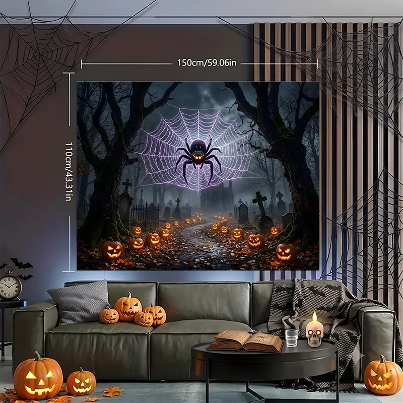 Halloween Backdrop with Giant Spider, Glowing Spider Web and Jack-o'-Lantern Graveyard Pattern, serves as Photography Background, Party Backdrop, Photo Booth Background, Studio Backdrop, Video Background, Haunted House Backdrop, perfect for Halloween part