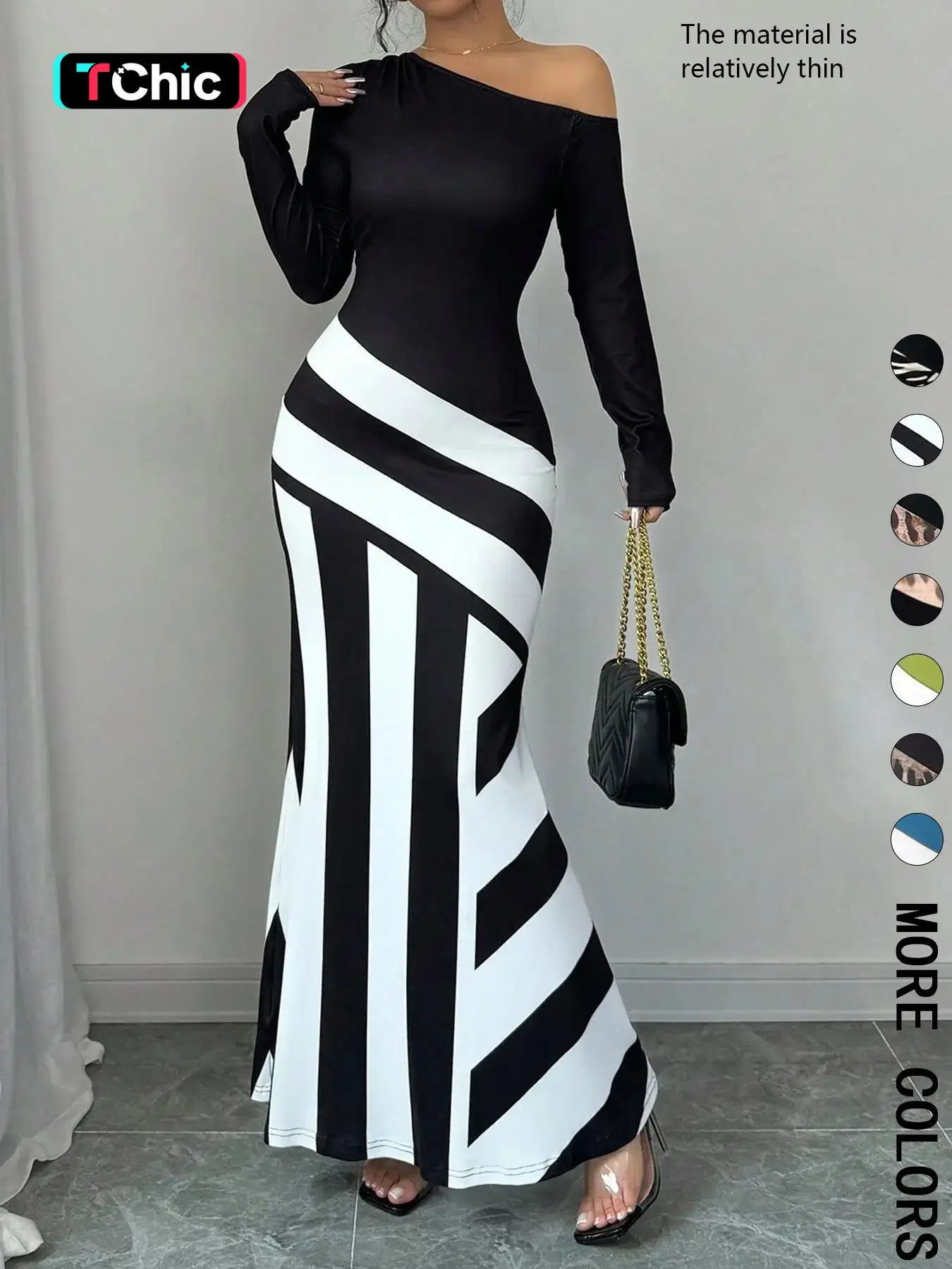 Women's Colorblock Striped Print Elegant Asymmetric Neckline Mermaid Dress, Elegant Formal Chic Fashion Long Sleeve Dress for Party Dating Wear, Women Dress for All Seasons, Party Evening Wear, Cocktail Dresses，the material is relatively thin