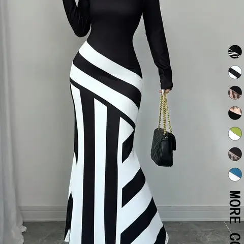 Women's Colorblock Striped Print Elegant Asymmetric Neckline Mermaid Dress, Elegant Formal Chic Fashion Long Sleeve Dress for Party Dating Wear, Women Dress for All Seasons, Party Evening Wear, Cocktail Dresses，the material is relatively thin