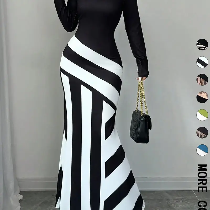 Women's Colorblock Striped Print Elegant Asymmetric Neckline Mermaid Dress, Elegant Formal Chic Fashion Long Sleeve Dress for Party Dating Wear, Women Dress for All Seasons, Party Evening Wear, Cocktail Dresses,the material is relatively thin