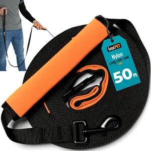 50ft Heavy Duty Nylon Long Dog Leash, Long Line Training Leash for Distance Recall & Commands, Ideal for Large & Small Dog Breeds