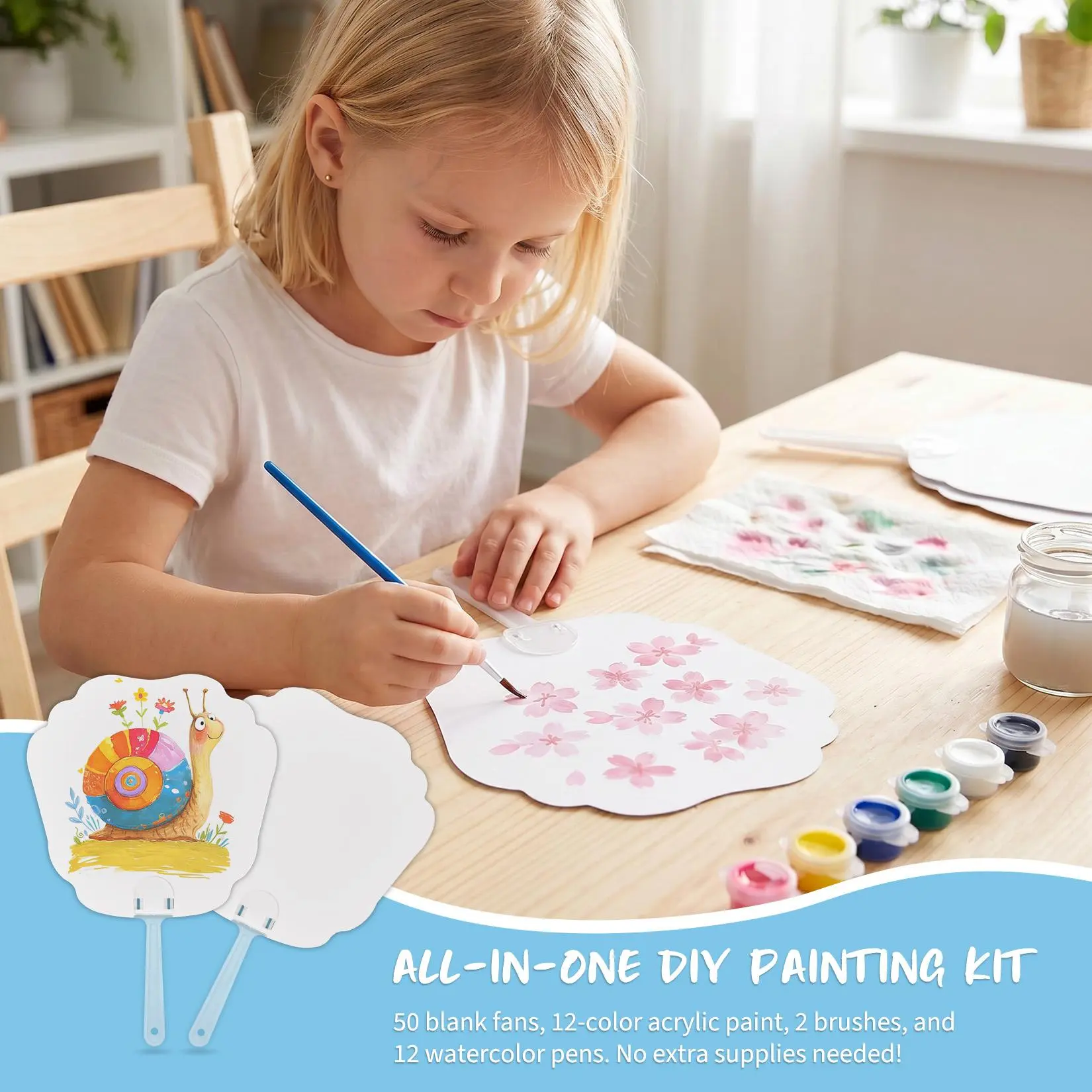 Customizable Blank Paper Fans Art Kit – 50 Sublimation Fans with 12 Acrylic Paints, Watercolor Pens & Brushes – Ideal for Kids & Adults, Church, Weddings, Party Art Projects – 50 Blank Fans