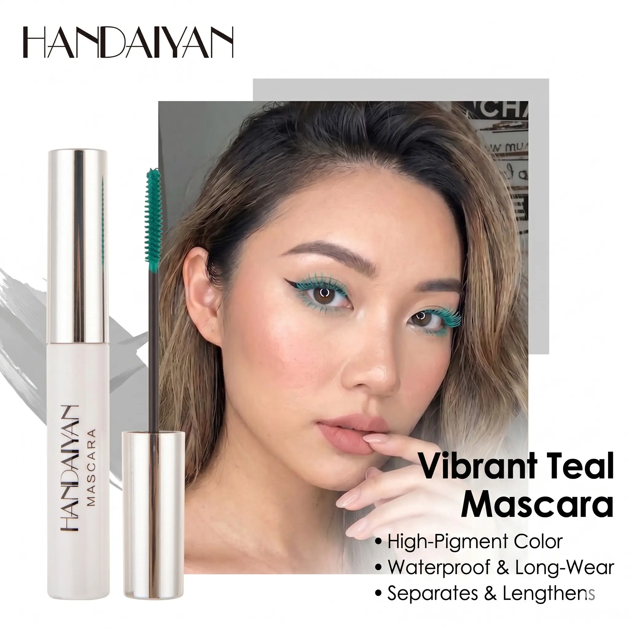 HANDAIYAN Vibrant Teal Colored Mascara | Long-Lasting Waterproof Smudge-Proof Mascara | Lengthening & Volumizing Eyelashes for Y2K Daily Makeup, Party, Cosplay