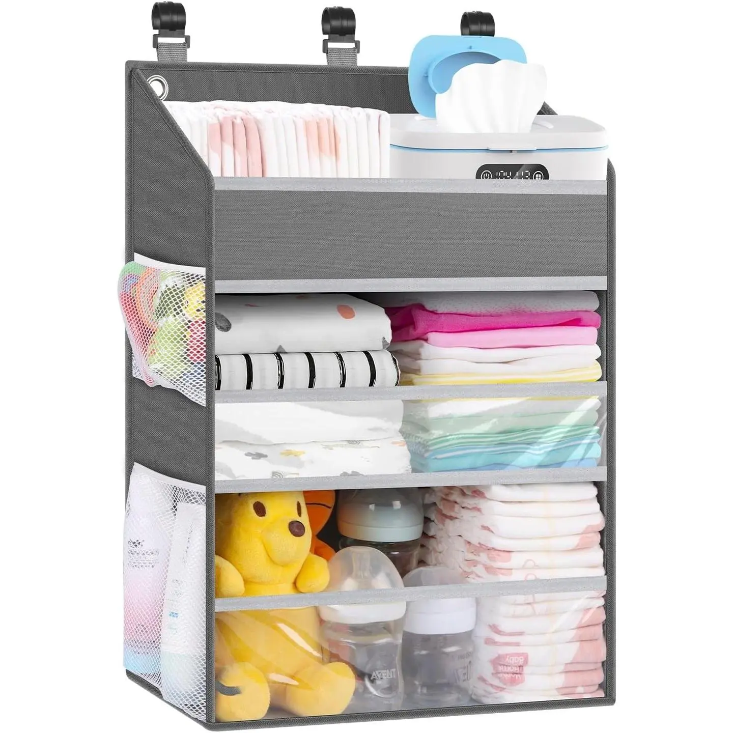 Spacious Hanging Diaper Caddy Organizer, Crib Nursery Storage Organizer for Baby Girl Boy, Fits Changing Table, Playpen and Wall, Holds 90+ Diapers, Grey