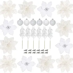 24-Piece Christmas Flower Decoration Set, Sparkling Berry Stems, Silver Color Clips, Home Decor, Holiday Ornaments，white