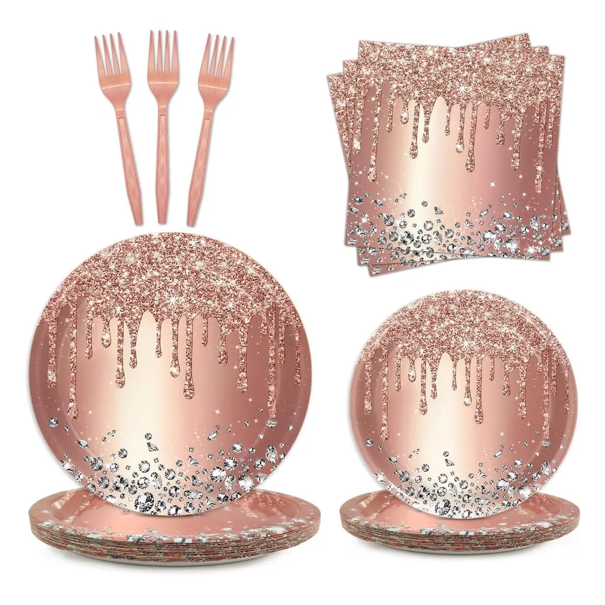 High-Quality Paper Disposable Diamond Pattern Party Plates and Napkins Set, Rose Gold-Pink Festive Decorations for 24 Guests, Ideal for Birthday Parties, Anniversary