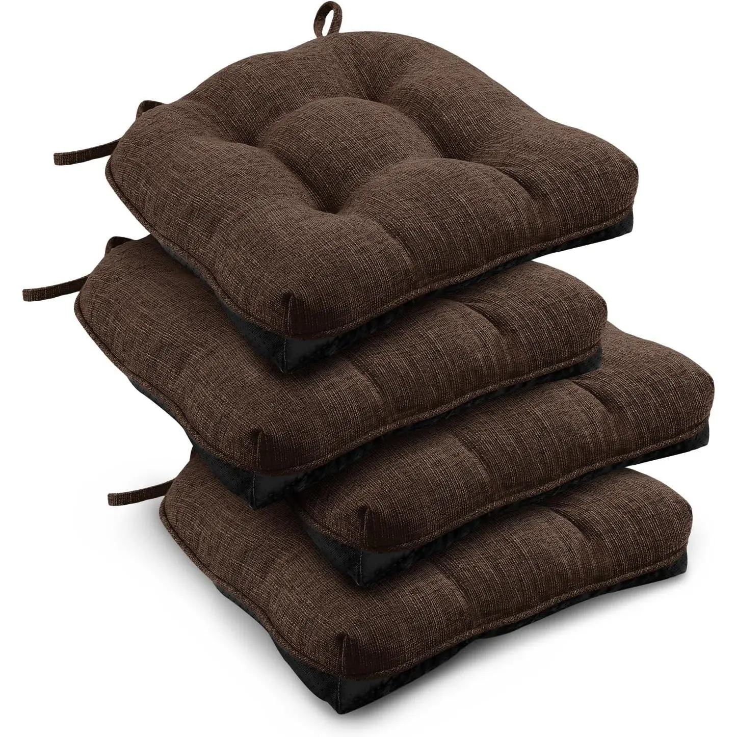 Indoor Chair Cushions for Dining Chairs, Tufted Overstuffed Textured Foam Kitchen Chair Pads with Ties and Non-Slip Backing, 15.5" x 15.5" x 4", Brown, 4 Pack