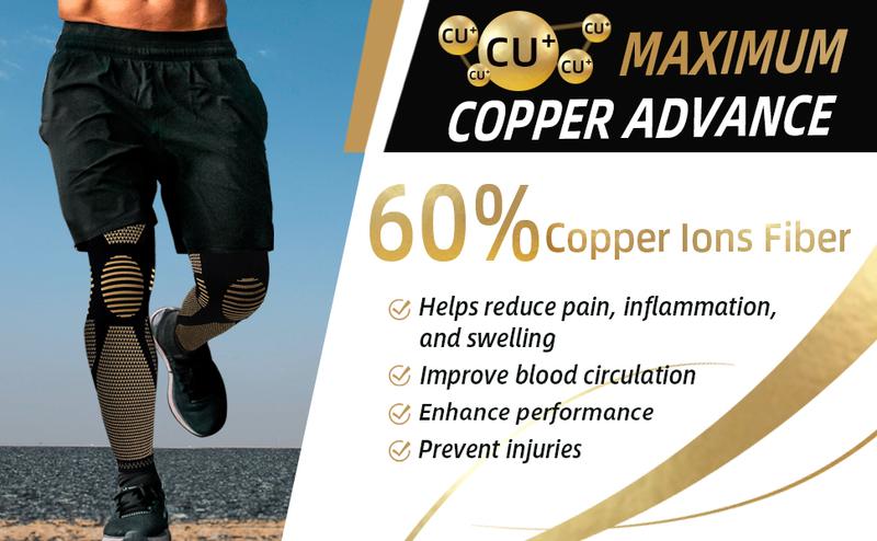 UGEM Full Leg Compression Copper Knee Sleeves Anti Slip Compression Stockings Support for Thigh Knee Calf Arthritis 20-30mmHg Reduce Varicose Veins Swelling for Men Women