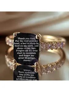 Square black base gratitude prayer text ring with side-set bright diamonds, symbolizing gratitude and blessings, suitable for believers to wear daily or as a gift for festivals, a niche and atmospheric accessory