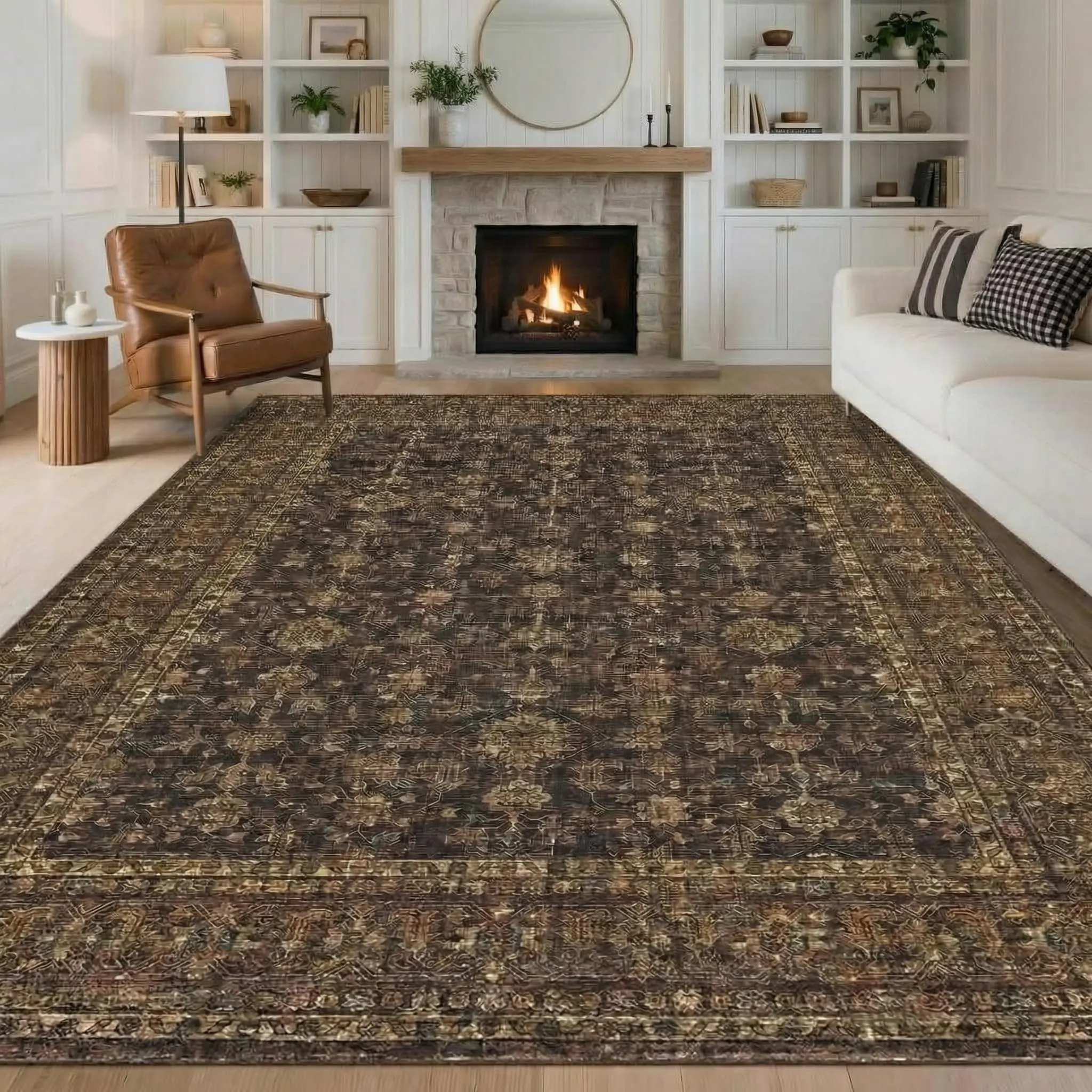 5x7 Washable Persian Area Rug, Vintage Faux Wool Carpet with TPR Non Slip Backing, Foldable Accent Rug for Bedroom Living Room Office, Brown