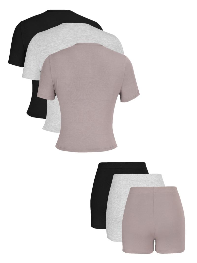 Women's Solid Color Top & Skinny Shorts Breathable Loungewear Set, Casual Comfy Short Sleeve Tee & Shorts Set, Ladies Sleepwear for All Seasons