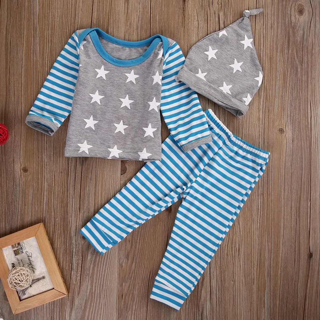 Baby Boy Girl Newborn 3Pcs Fall Outfit Star Print Long Sleeve Top Striped Long Pants Matching Hat Casual Daily Home Loungewear Set