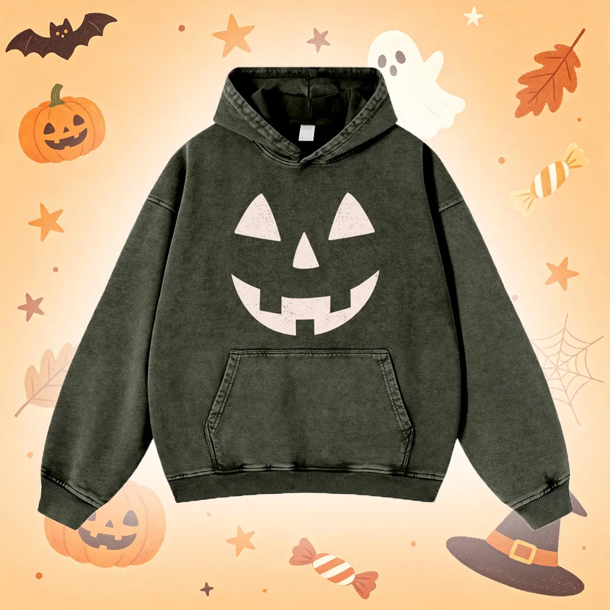 Vintage Distressed Jack‑o‑Lantern Graphic Washed Hoodie, Classic Halloween Pumpkin Face Print Oversized Casual Long Sleeve Streetwear Hoodie for Men Women 380g Autumn VIntage Washed Hoodie Graphic Sweatshirt