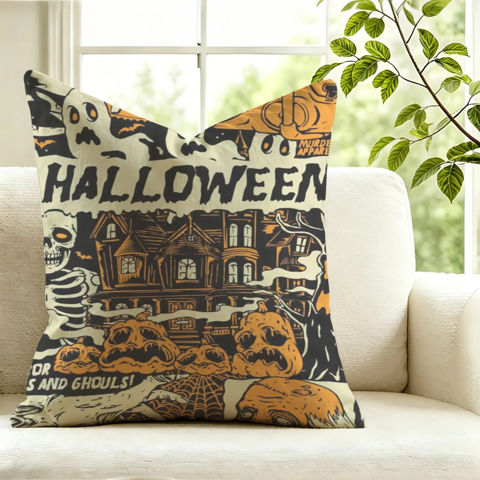 1Pc Halloween Horror Skull Ghost Throw Pillow, Soft Decorative Cushion Accent Pillow, Includes Pillow Core, Retro Spooky Pattern, Fits Sofa, Bed & Car to Build Festive Halloween Home Vibe, Cushions For Sofa