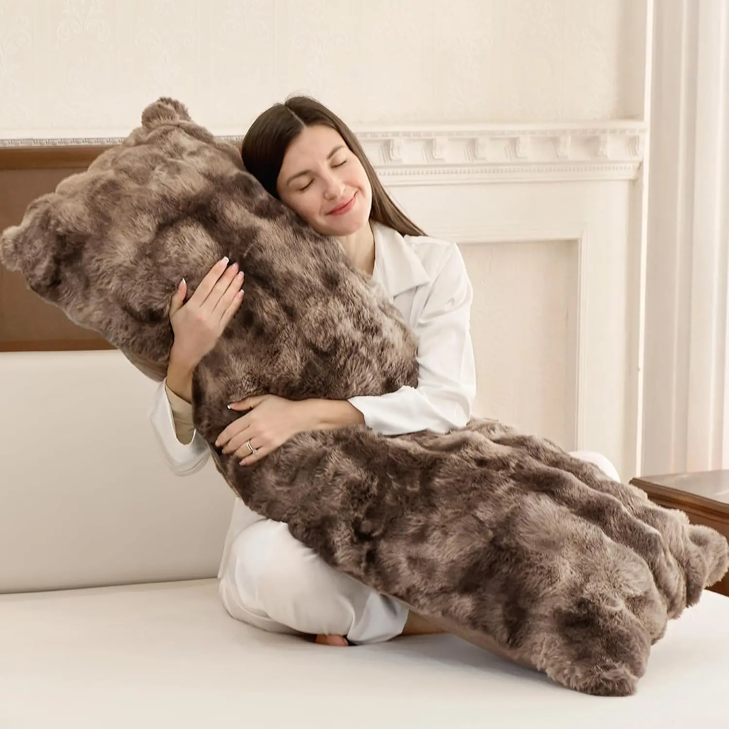 Pillow for Adults, Fuzzy Faux  Long Pillow with Shredded Memory , Adjustable Support for Side Sleepers, Gifts, 20 x 54 Inch, Brown