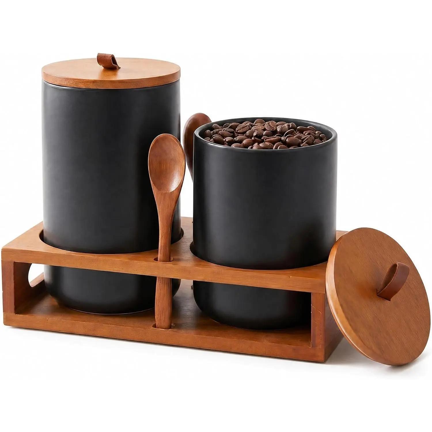 Black Ceramic Airtight Canister Set - 2-Count Wide Mouth Modern Storage Jars (35oz Medium/28oz Large) with Wooden Stand & Spoons, Coffee/Sugar Kitchen Counter Organizer, Ideal Gifts