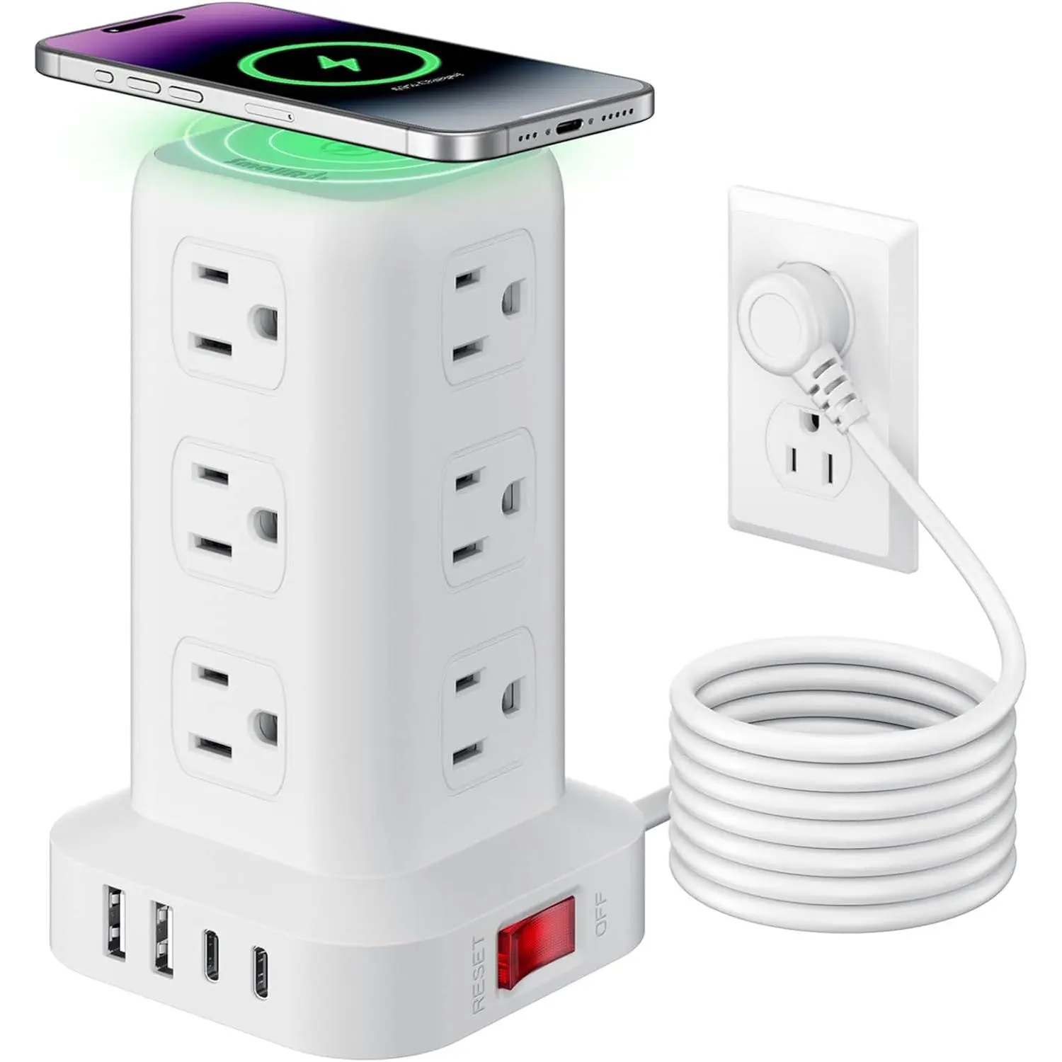 Extension Cord with Multiple Outlets,  Power Strip Tower, Outlet Extender with 12 AC Outlets 4 USB, 6.5FT Extension Cord for  Dorm Room, Office Supplies,Overload Protection