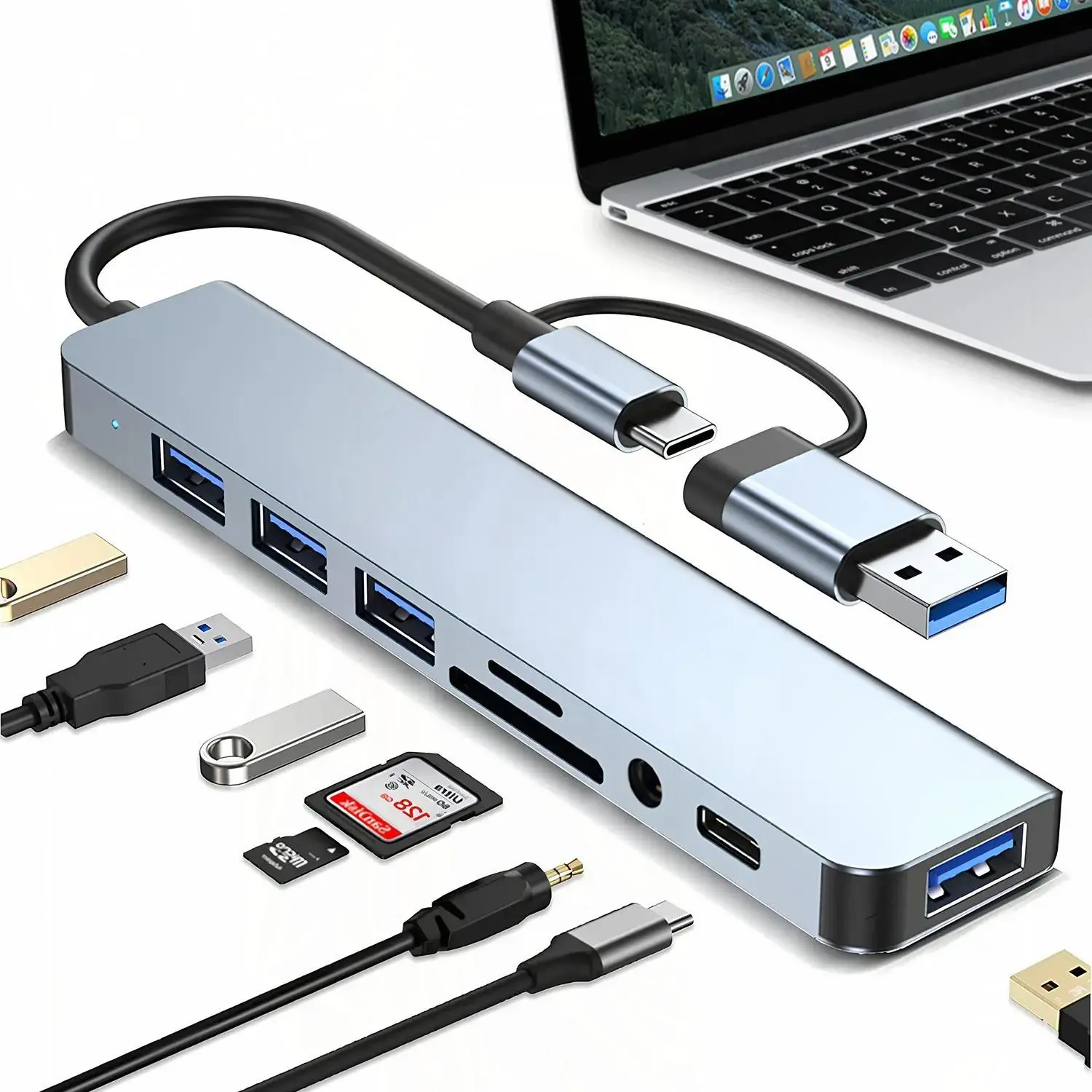8 in 1 USB C Hub 3.0 Multiport Adapter, USB Extender Splitter Dongle with SD Card Reader & Audio Jack, for MacBook Pro Air Laptop PC Tablet