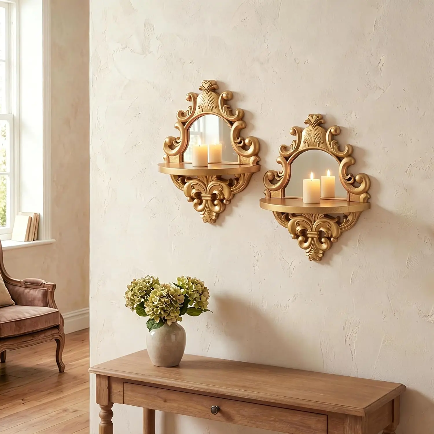 2 Set Vintage Candle Wall Sconce for Home Decor Living Room Bedroom Office Wood Antique Mirrored Victorian Mounted Candlestick Wall Holder Relief Hanging Decor -Gold 11.8in