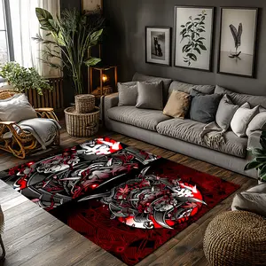 Red Black Anime Samurai Crystal Velvet Gaming Area Rug #AnimeSamuraiRug #RedBlackGamingFloorMat #JapaneseWarriorCarpet #CrystalVelvetHomeDecor